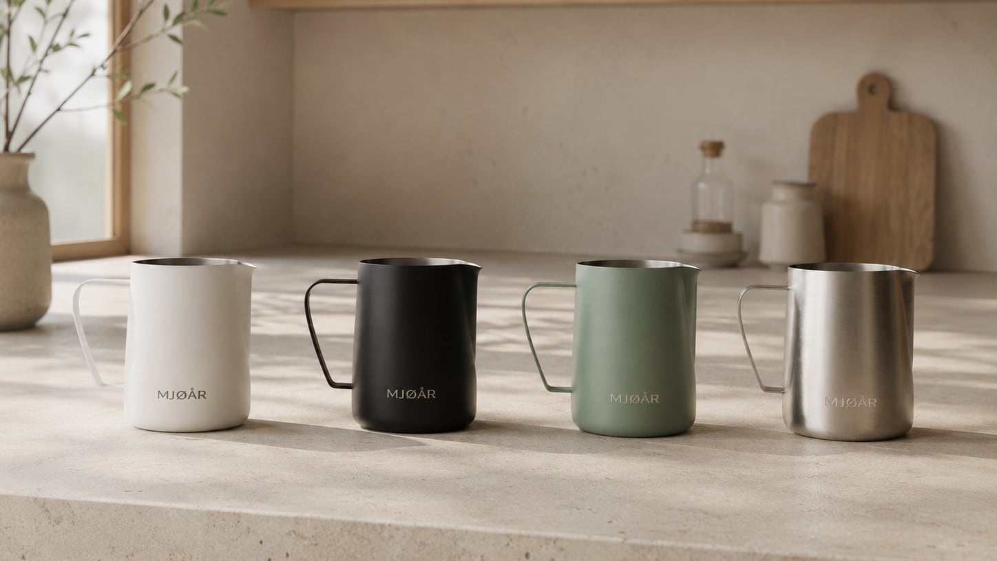 The MJØÅR LUN collection in white, black, sage green and steel on a kitchen counter