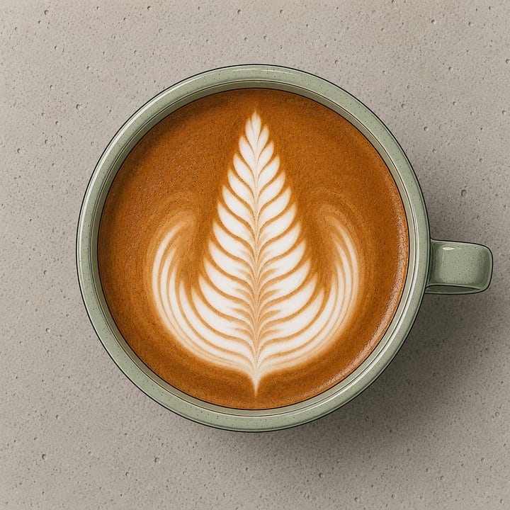 Latte-Art-Rosetta in salbeigrüner Tasse, von oben