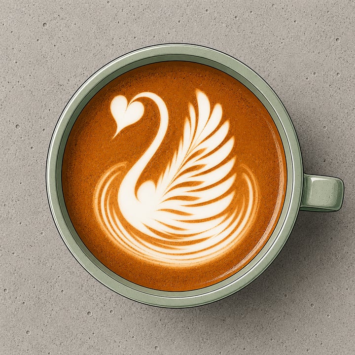 Latte-Art-Schwan in salbeigrüner Tasse, von oben