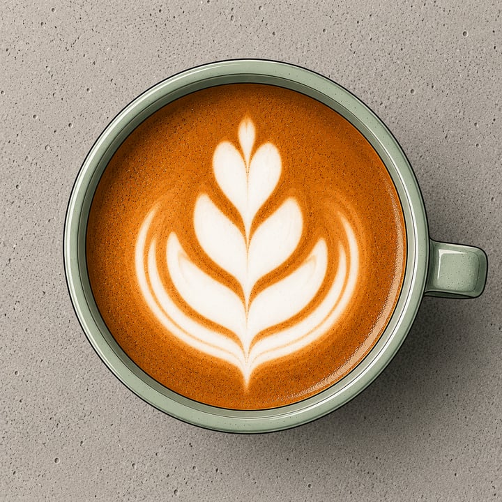Latte-Art-Tulpe in salbeigrüner Tasse, von oben